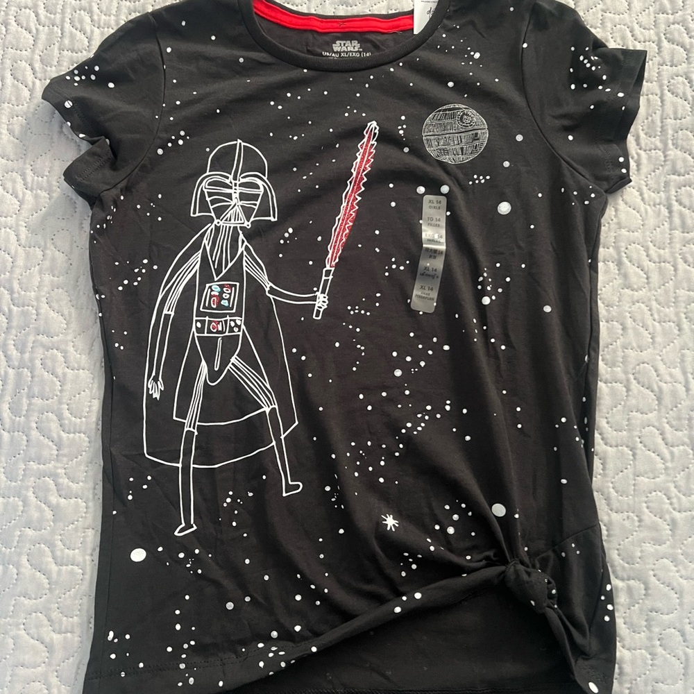 Disney Star Wars darth Vader T-Shirt top girls side knot tie youth XL 14 black